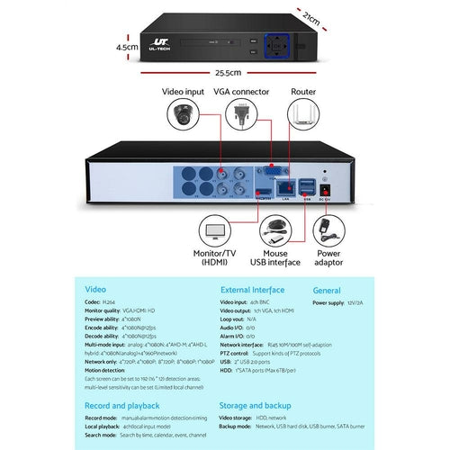UL-TECH 1080P Security Camera System 4CH DVR with 4 CCTV Dome Cameras